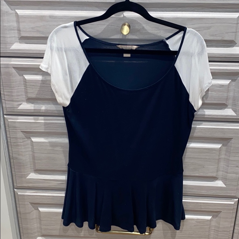 Navy and white peplum scoop neck top